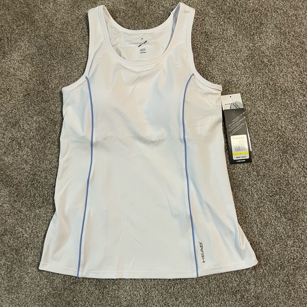 Women's White tennis HEAD Tank Top. Size Large with Blue Piping.